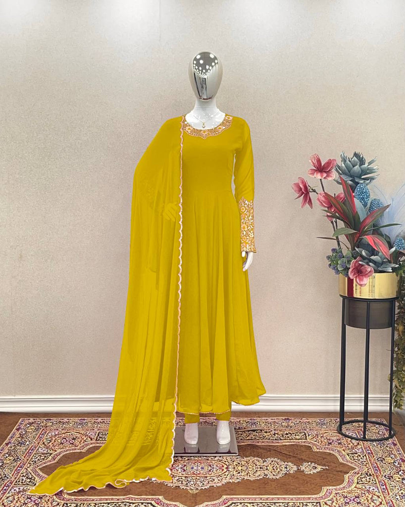 Yellow Premium Designer Party Wear Anarkali Gown, Dupatta & Bottom Set Clothsvilla