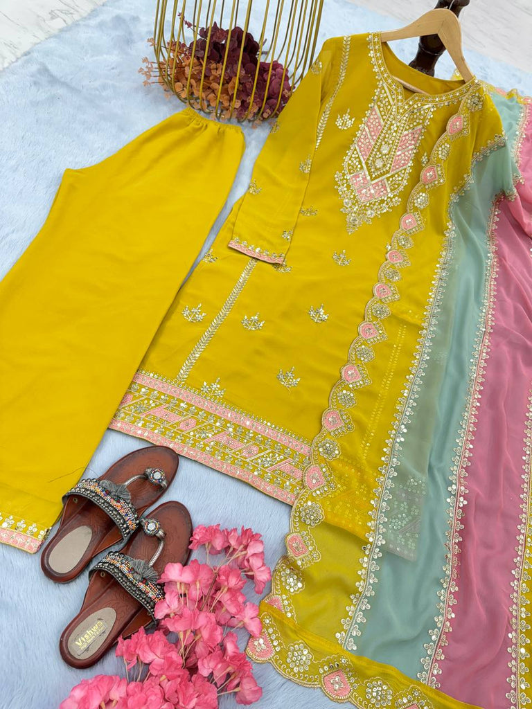 Yellow Premium Designer Partywear Readymade Top, Plazzo & Dupatta Set ClothsVilla