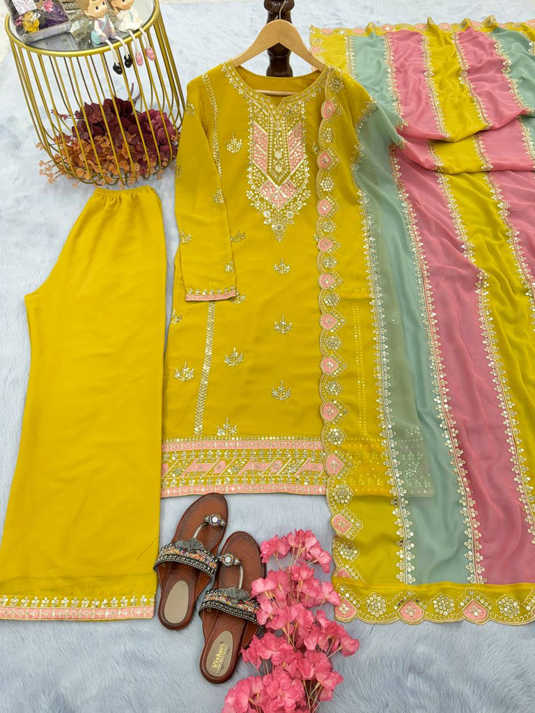 Yellow Premium Designer Partywear Readymade Top, Plazzo & Dupatta Set ClothsVilla