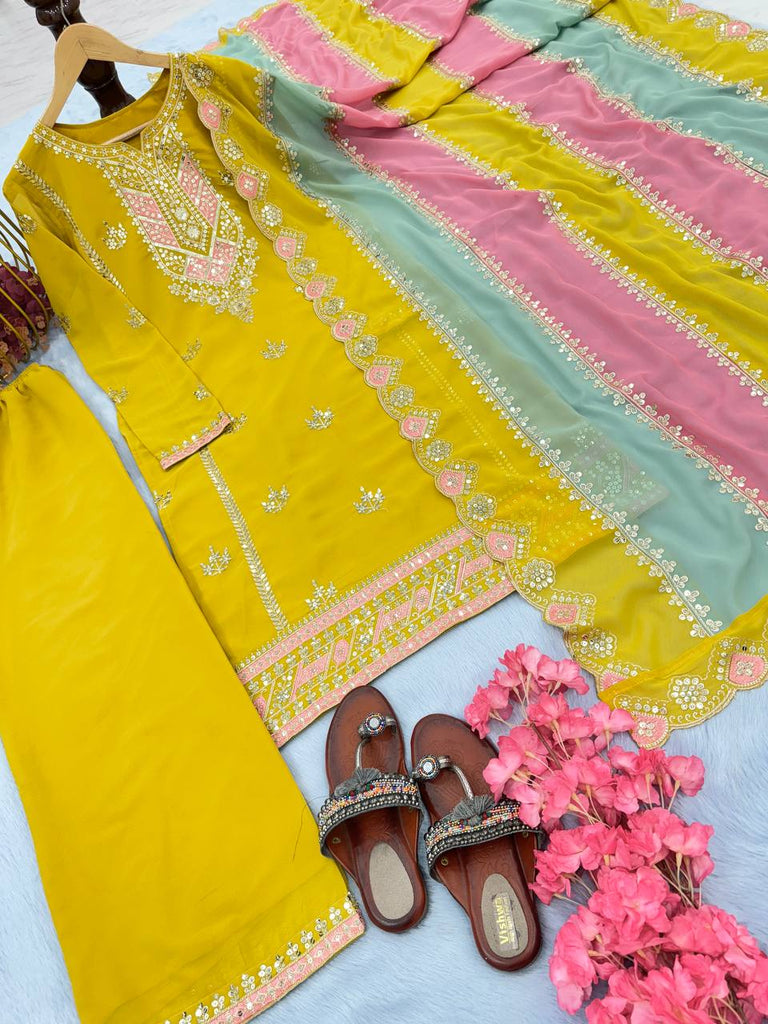 Yellow Premium Designer Partywear Readymade Top, Plazzo & Dupatta Set ClothsVilla