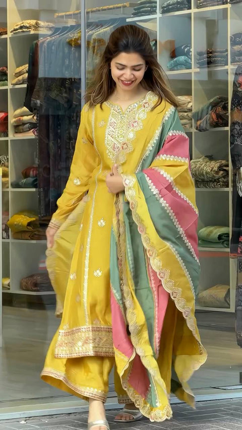 Yellow Premium Designer Partywear Readymade Top, Plazzo & Dupatta Set ClothsVilla Main image