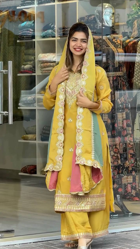 Yellow Premium Designer Partywear Readymade Top, Plazzo & Dupatta Set ClothsVilla