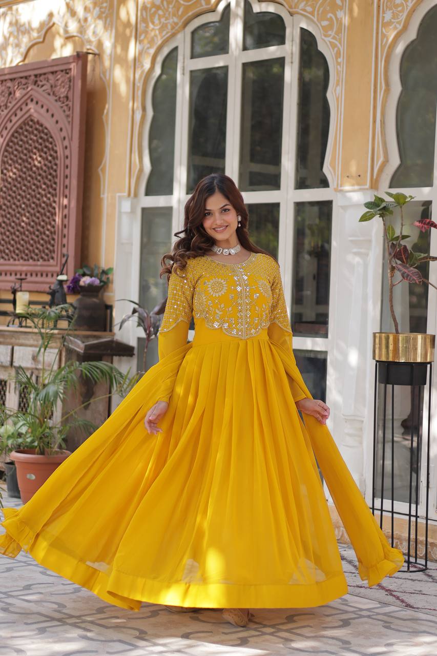 Yellow Premium Designer Readymade Gown with Dupatta Collection ClothsVilla