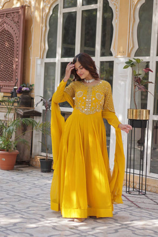 Yellow Premium Designer Readymade Gown with Dupatta Collection ClothsVilla