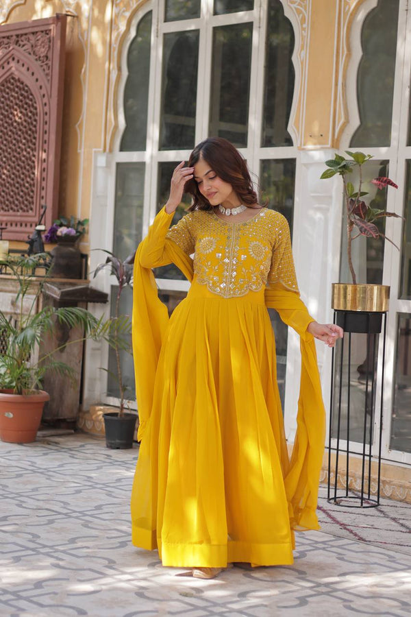 Yellow Premium Designer Readymade Gown with Dupatta Collection ClothsVilla