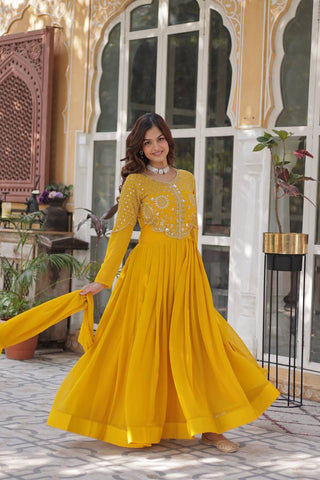 Yellow Premium Designer Readymade Gown with Dupatta Collection ClothsVilla