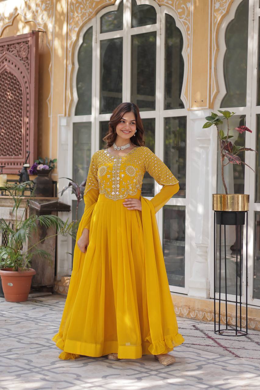Yellow Premium Designer Readymade Gown with Dupatta Collection ClothsVilla