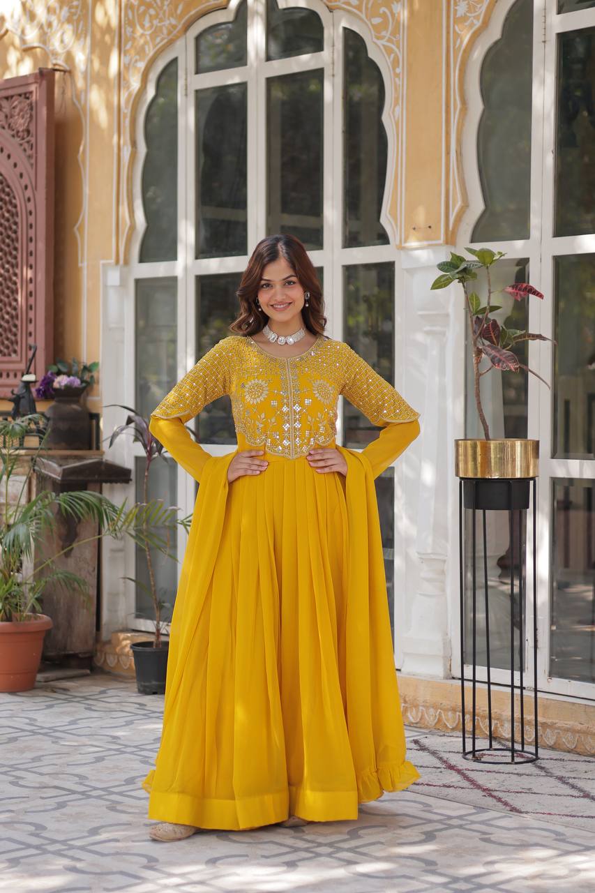 Yellow Premium Designer Readymade Gown with Dupatta Collection ClothsVilla Main image