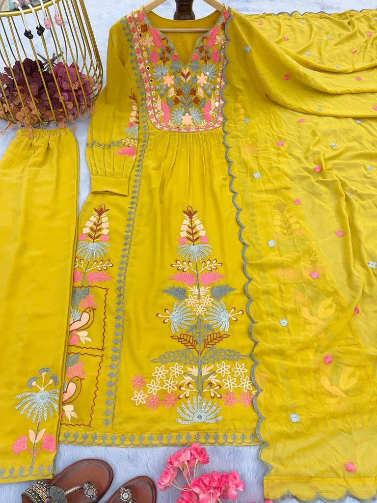 Yellow Premium Designer Readymade Top, Palazzo & Dupatta Set ClothsVilla