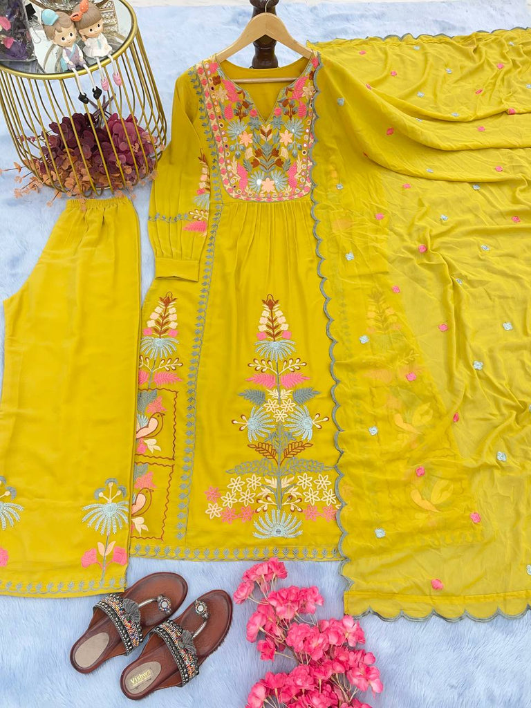 Yellow Premium Designer Readymade Top, Palazzo & Dupatta Set ClothsVilla