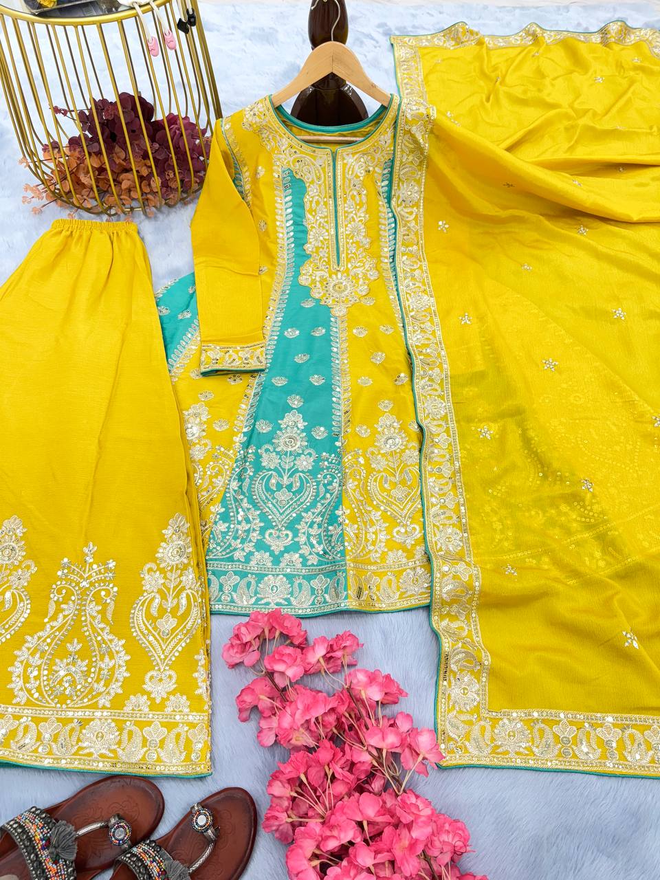 Yellow Premium Designer Readymade Top, Palazzo & Dupatta Clothsvilla