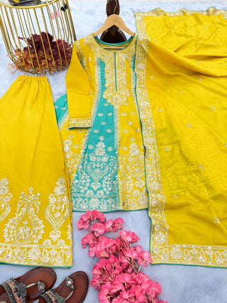 Yellow Premium Designer Readymade Top, Palazzo & Dupatta Clothsvilla