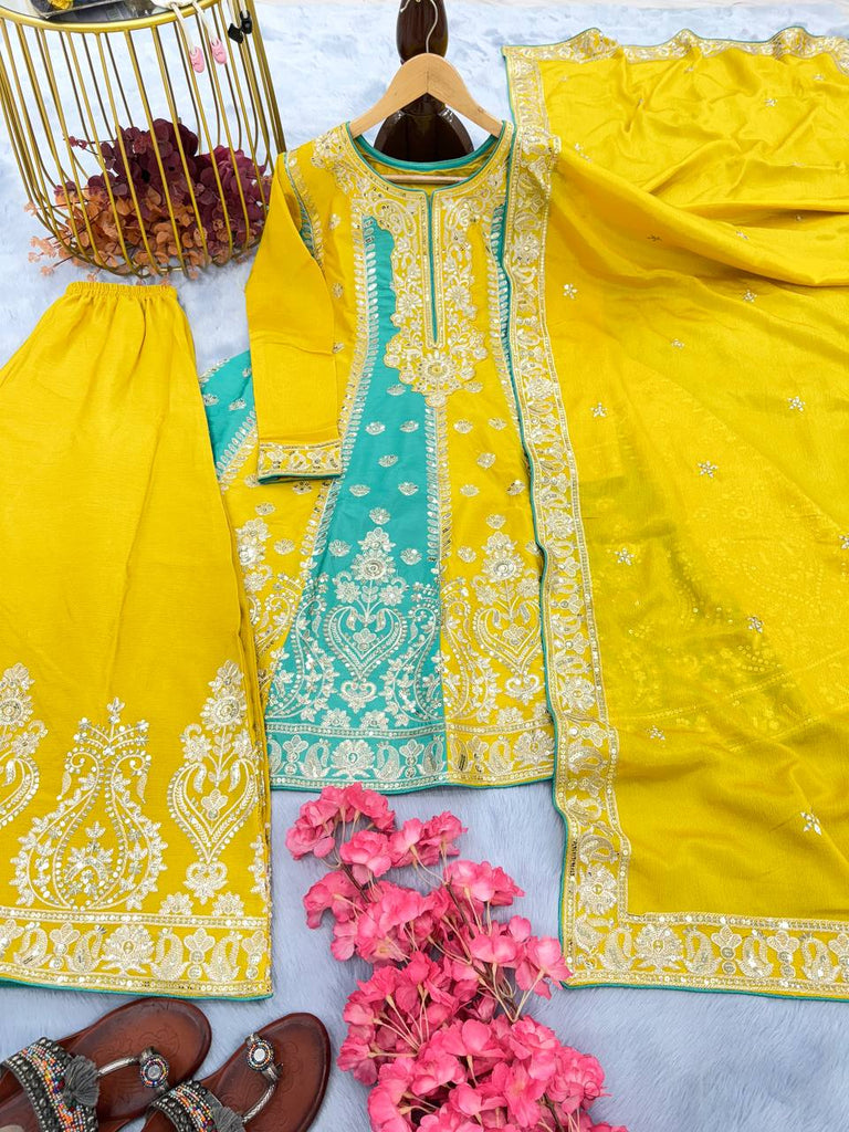 Yellow Premium Designer Readymade Top, Palazzo & Dupatta Clothsvilla