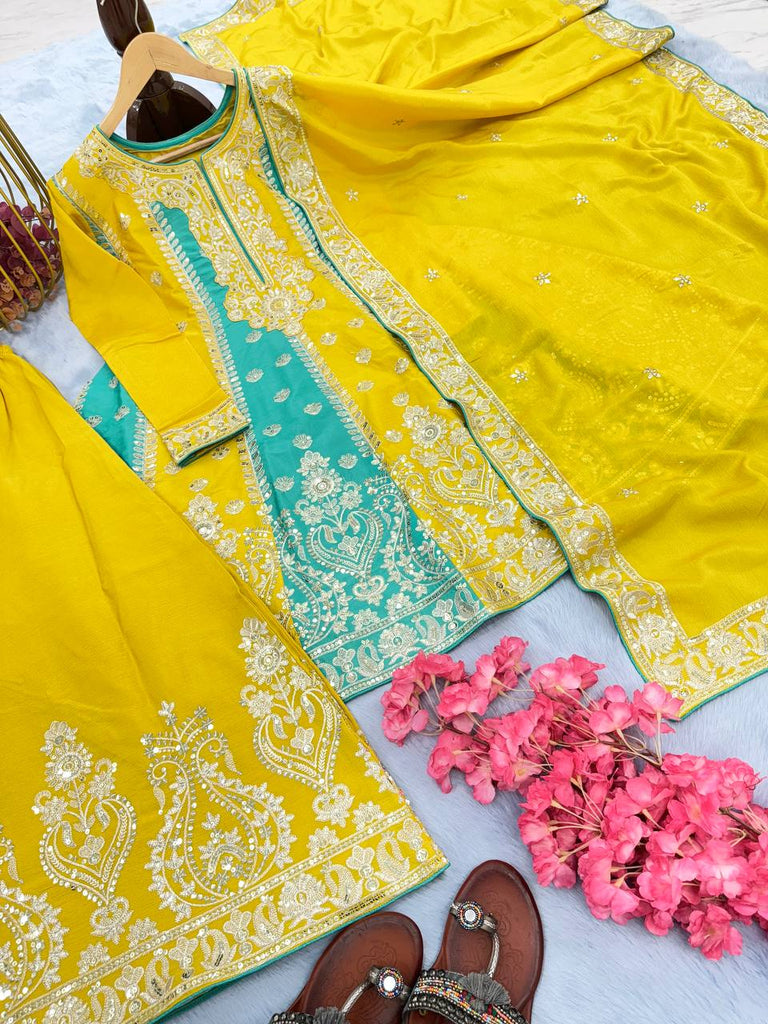 Yellow Premium Designer Readymade Top, Palazzo & Dupatta Clothsvilla