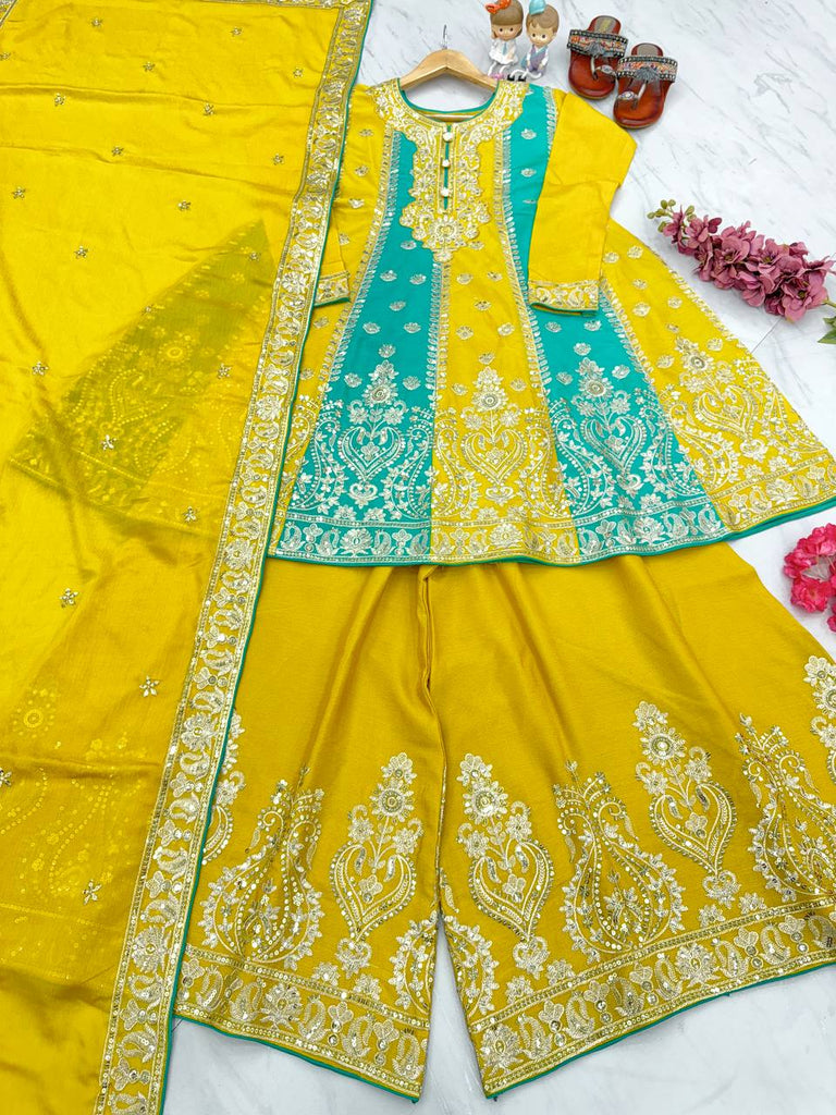 Yellow Premium Designer Readymade Top, Palazzo & Dupatta Clothsvilla