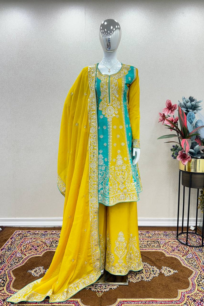 Yellow Premium Designer Readymade Top, Palazzo & Dupatta Clothsvilla