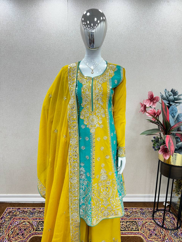 Yellow Premium Designer Readymade Top, Palazzo & Dupatta Clothsvilla