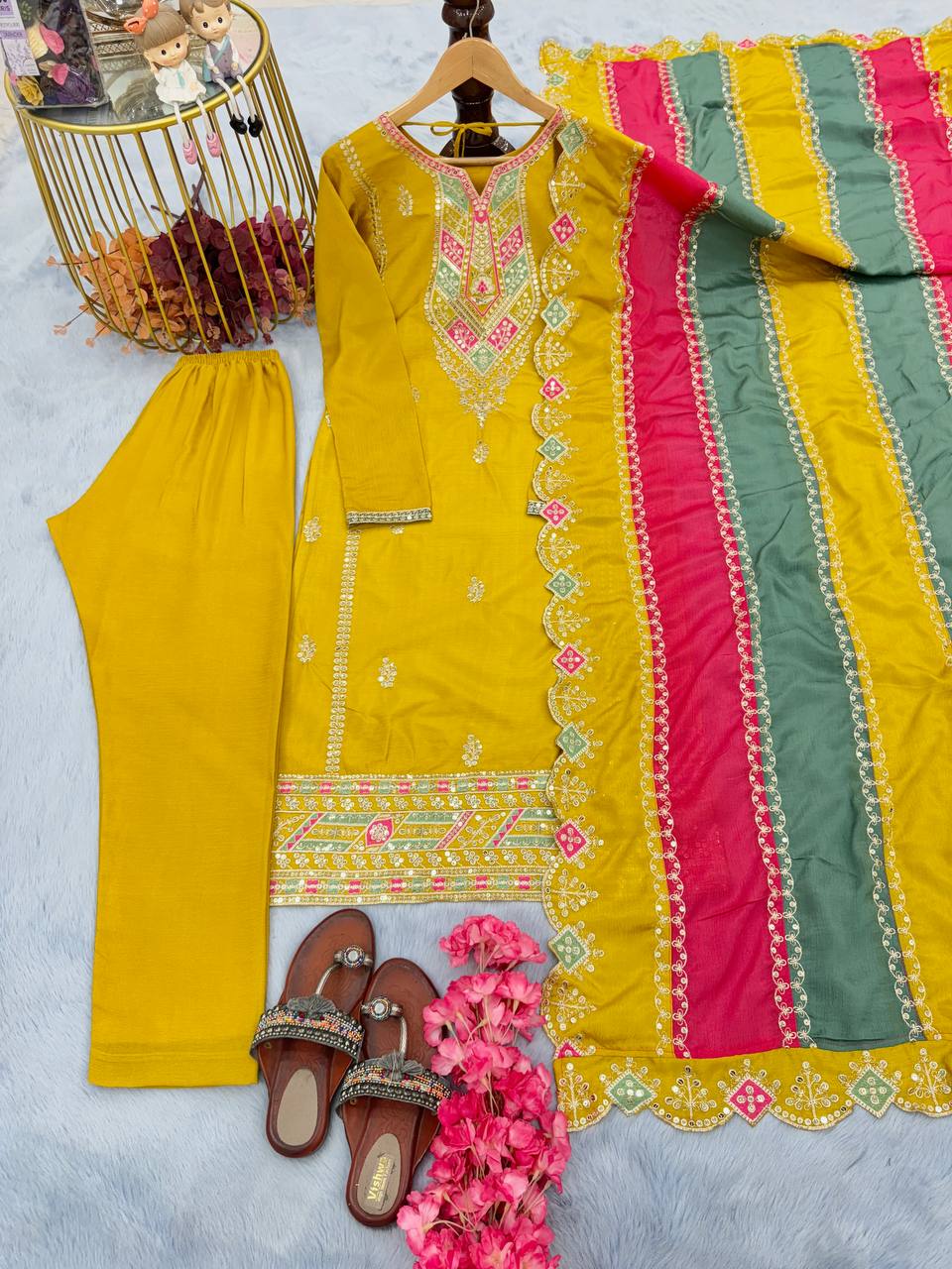 Yellow Premium Designer Readymade Top, Plazzo & multi color Dupatta Set - Heavy Party Wear Collection ClothsVilla