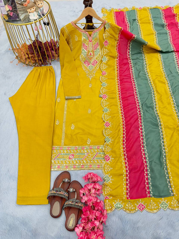 Yellow Premium Designer Readymade Top, Plazzo & multi color Dupatta Set - Heavy Party Wear Collection ClothsVilla