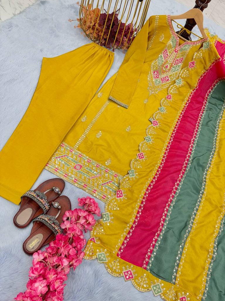 Yellow Premium Designer Readymade Top, Plazzo & multi color Dupatta Set - Heavy Party Wear Collection ClothsVilla