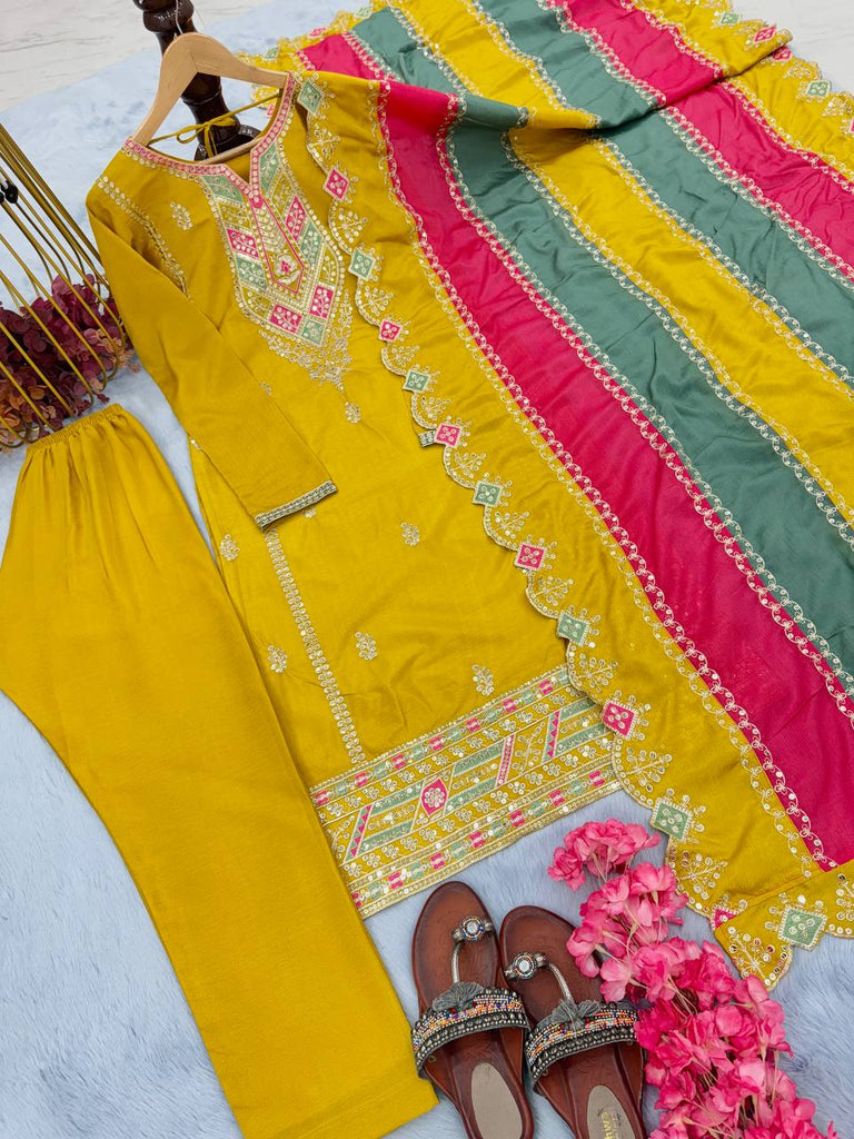 Yellow Premium Designer Readymade Top, Plazzo & multi color Dupatta Set - Heavy Party Wear Collection ClothsVilla