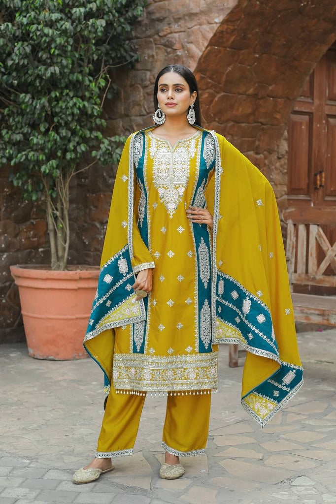 Yellow Premium designer Readymade Top,Plazzo Set With Dupatta-Party Wear Collection Clothsvilla