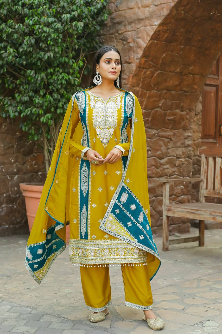 Yellow Premium designer Readymade Top,Plazzo Set With Dupatta-Party Wear Collection Clothsvilla Main image