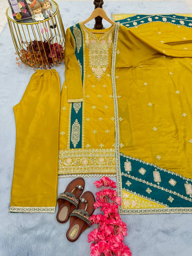 Yellow Premium designer Readymade Top,Plazzo Set With Dupatta-Party Wear Collection Clothsvilla