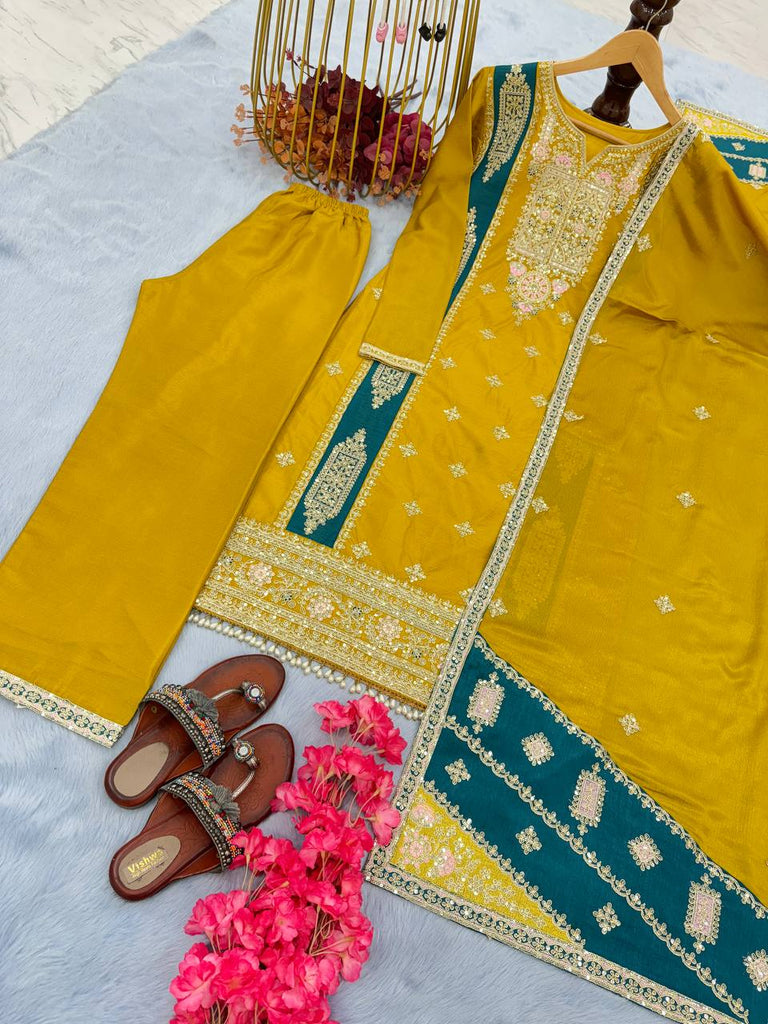 Yellow Premium designer Readymade Top,Plazzo Set With Dupatta-Party Wear Collection Clothsvilla