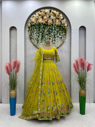 Yellow Premium Fox Georgette Embroidered Lehenga Set with Butterfly Net Dupatta ClothsVilla