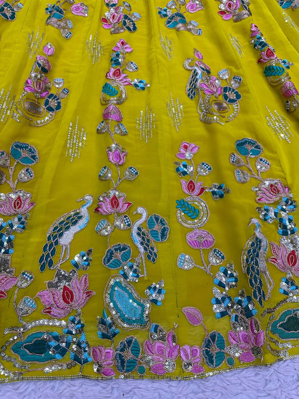 Yellow Premium Fox Georgette Embroidered Lehenga Set with Butterfly Net Dupatta ClothsVilla
