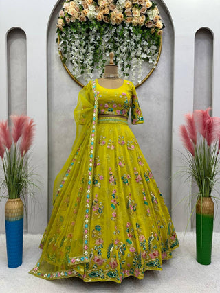 Yellow Premium Fox Georgette Embroidered Lehenga Set with Butterfly Net Dupatta ClothsVilla