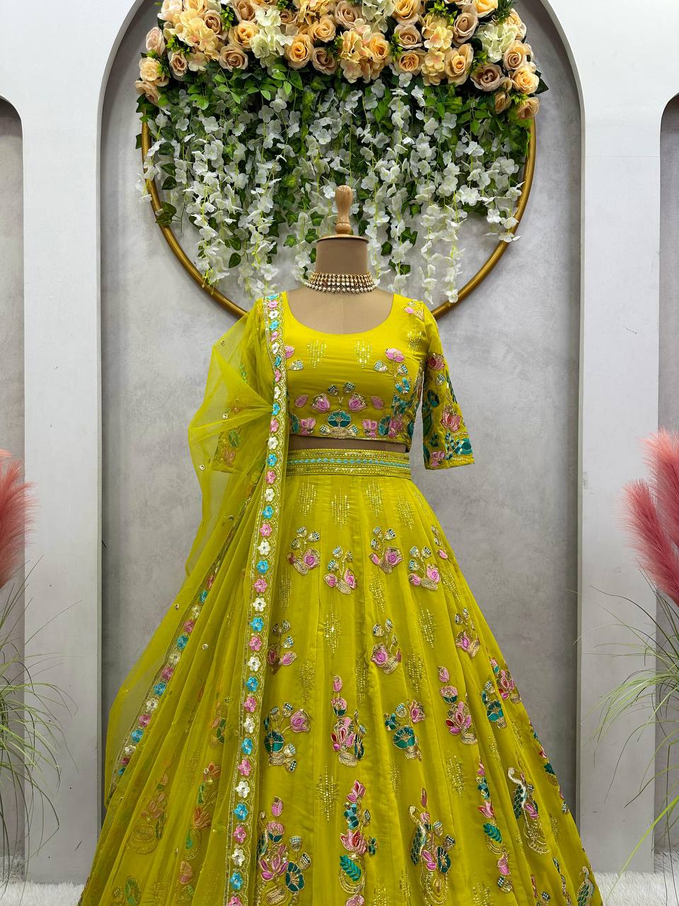 Yellow Premium Fox Georgette Embroidered Lehenga Set with Butterfly Net Dupatta ClothsVilla