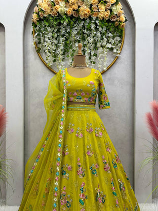 Yellow Premium Fox Georgette Embroidered Lehenga Set with Butterfly Net Dupatta ClothsVilla