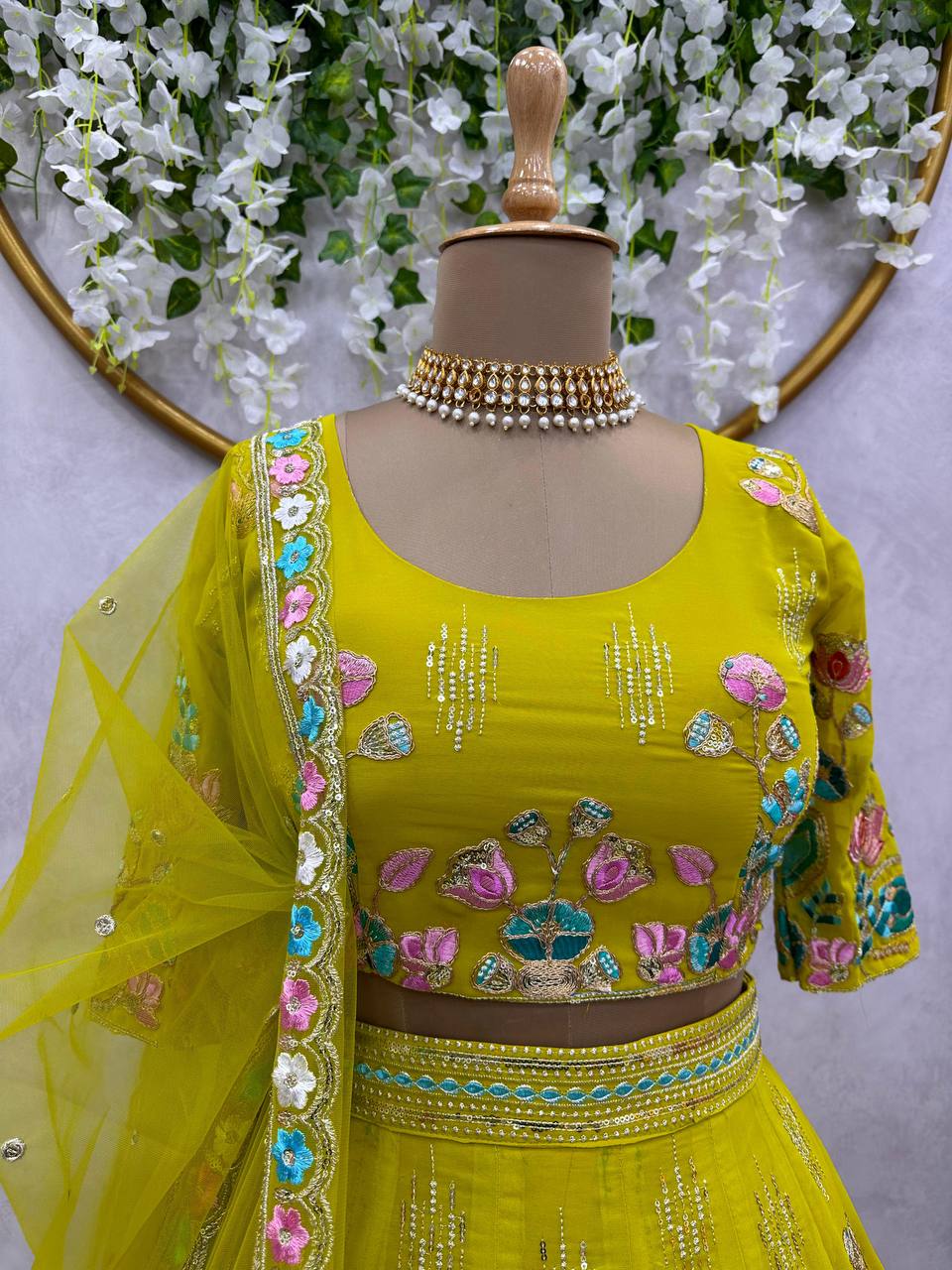 Yellow Premium Fox Georgette Embroidered Lehenga Set with Butterfly Net Dupatta ClothsVilla