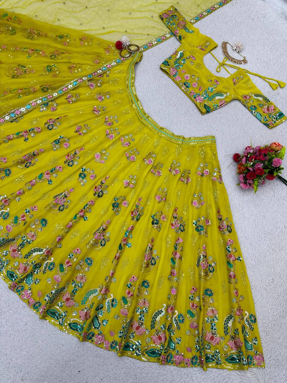 Yellow Premium Fox Georgette Embroidered Lehenga Set with Butterfly Net Dupatta ClothsVilla