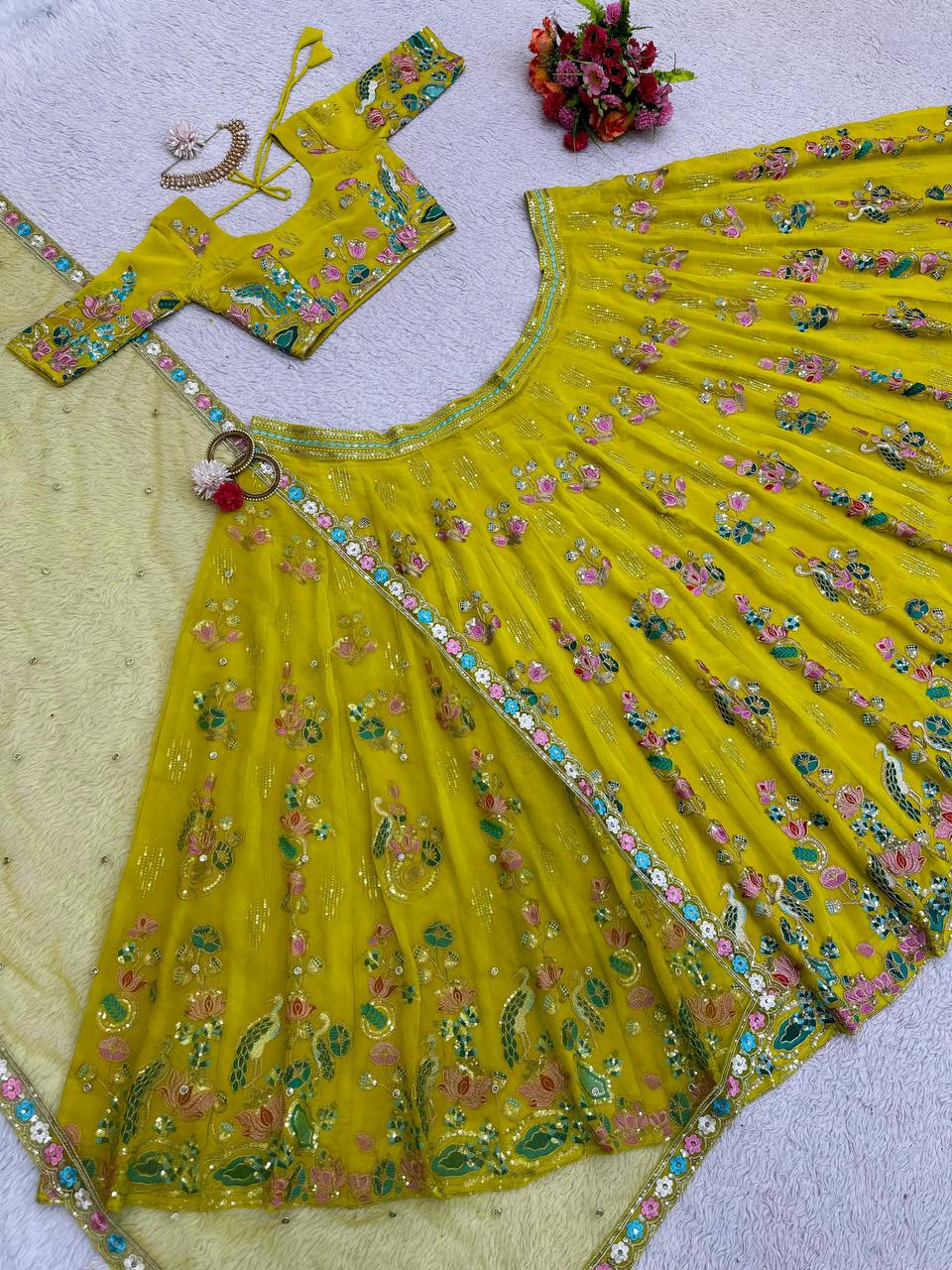 Yellow Premium Fox Georgette Embroidered Lehenga Set with Butterfly Net Dupatta ClothsVilla