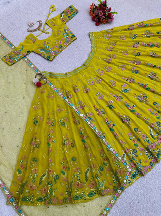 Yellow Premium Fox Georgette Embroidered Lehenga Set with Butterfly Net Dupatta ClothsVilla