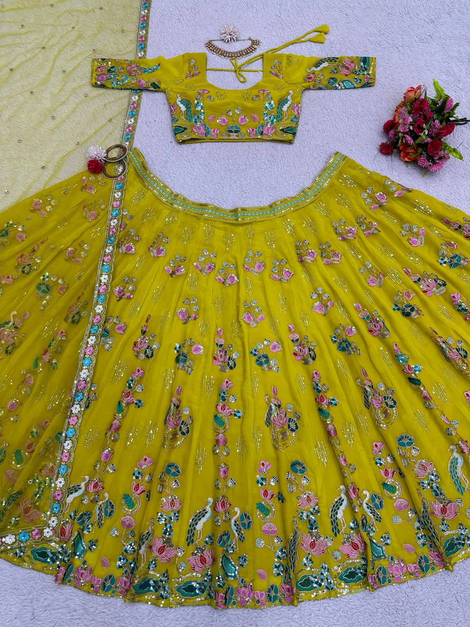 Yellow Premium Fox Georgette Embroidered Lehenga Set with Butterfly Net Dupatta ClothsVilla