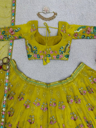 Yellow Premium Fox Georgette Embroidered Lehenga Set with Butterfly Net Dupatta ClothsVilla