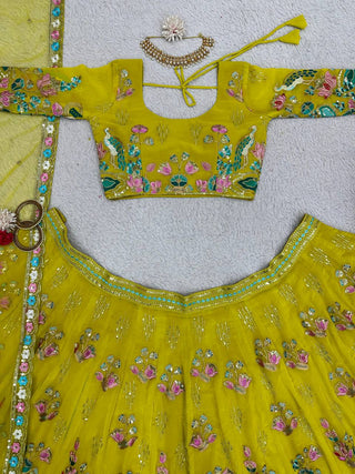 Yellow Premium Fox Georgette Embroidered Lehenga Set with Butterfly Net Dupatta ClothsVilla