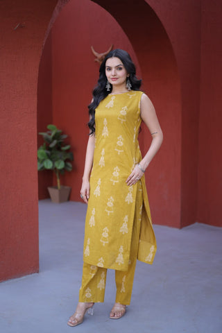 Yellow Printed Cotton Kurti Pant Set ClothsVilla