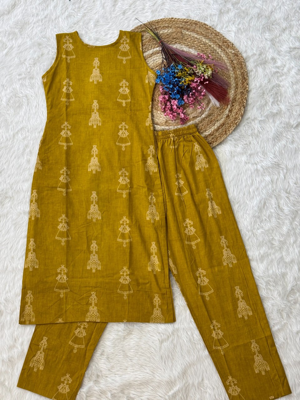 Yellow Printed Cotton Kurti Pant Set ClothsVilla