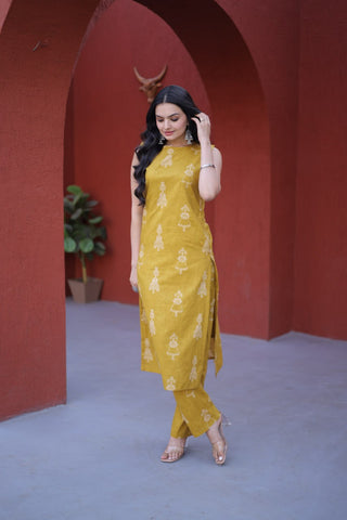 Yellow Printed Cotton Kurti Pant Set ClothsVilla