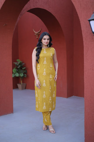 Yellow Printed Cotton Kurti Pant Set ClothsVilla