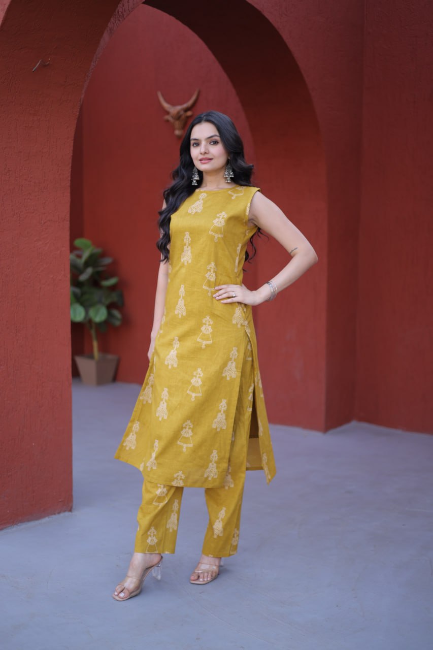 Yellow Printed Cotton Kurti Pant Set ClothsVilla
