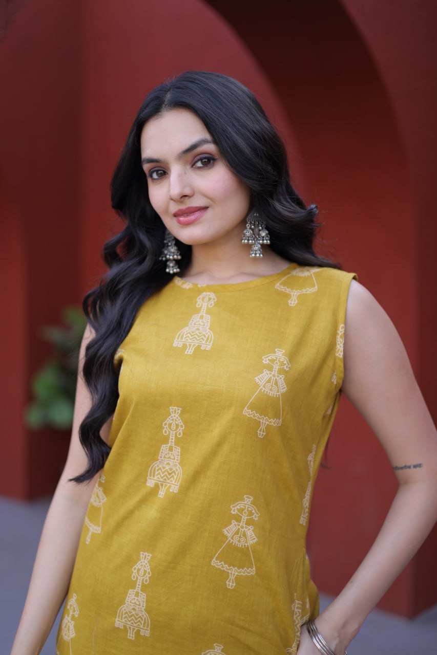 Yellow Printed Cotton Kurti Pant Set ClothsVilla