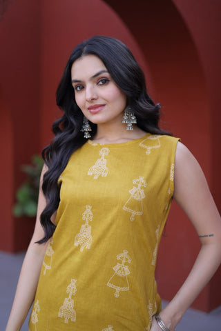 Yellow Printed Cotton Kurti Pant Set ClothsVilla