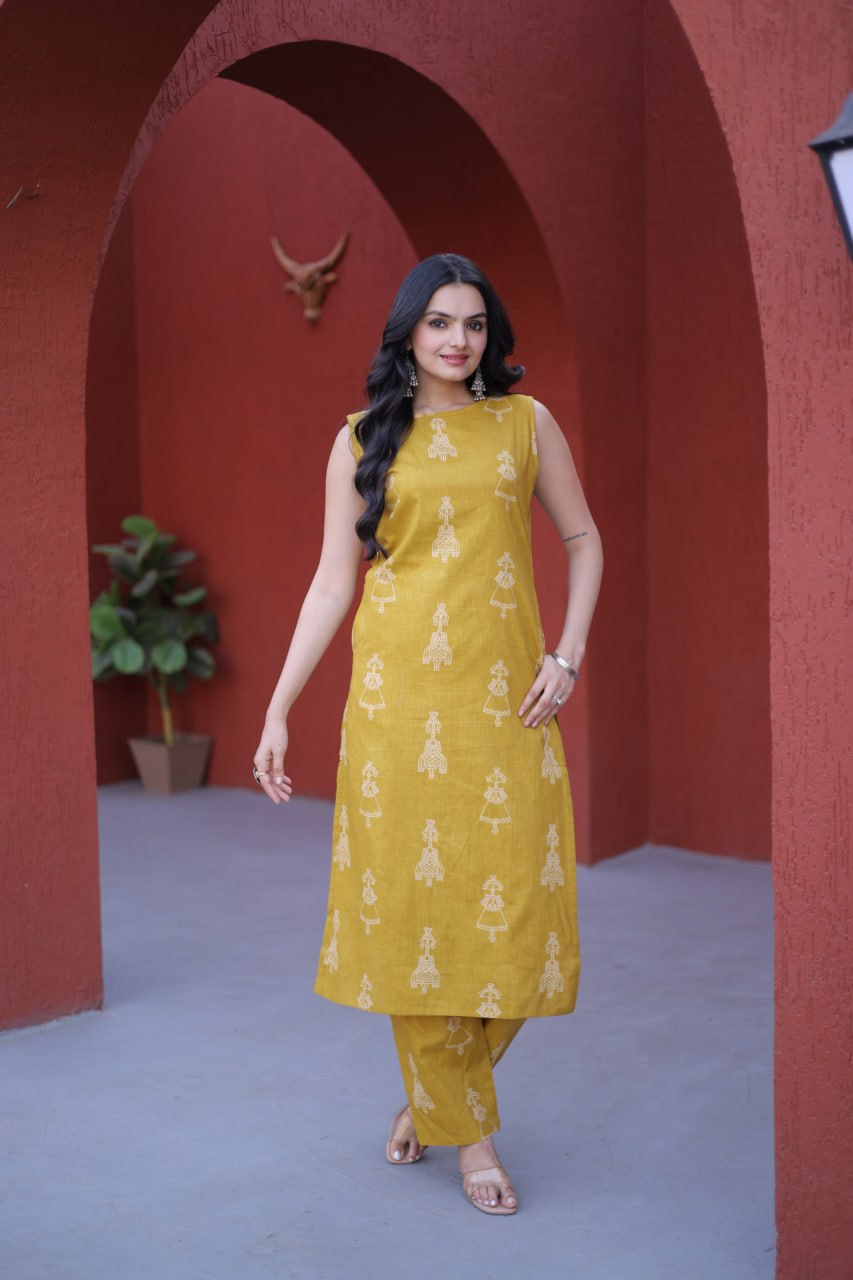 Yellow Printed Cotton Kurti Pant Set ClothsVilla