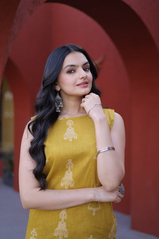 Yellow Printed Cotton Kurti Pant Set ClothsVilla
